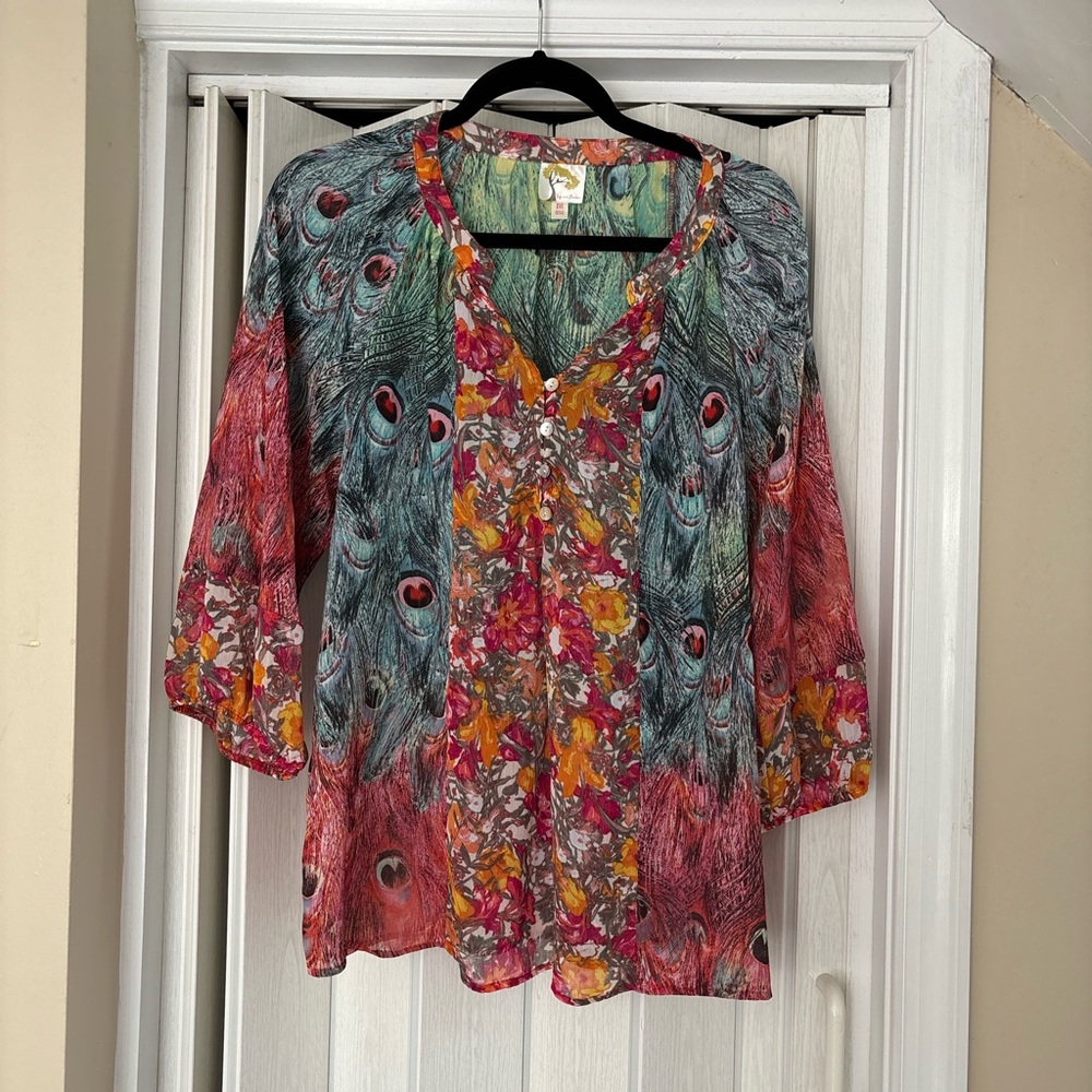 Anthropologie Fig and Flower Multicolor Feather And Floral Print Blouse